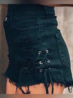 . Dare Devil Black Side Lace-Up High Waist Distressed Raw Cutoff Denim Shorts